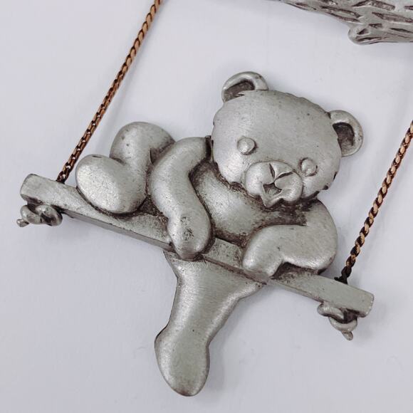 VTG Signed JJ Teddy Bear On Swing Pewter Tone Figural Brooch 1980s Cute Adorable - Picture 4 of 9